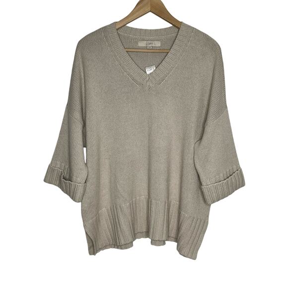 Loft Cotton Pullover Sweater Womens Medium Beige Neutral Minimalist V Neck - Picture 1 of 9